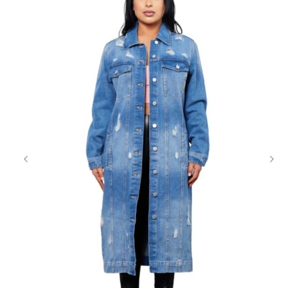 Blue Denim Full Length Distressed Maxi Long Jacket Shacket Boho Trendy Jean Coat - Picture 2 of 5
